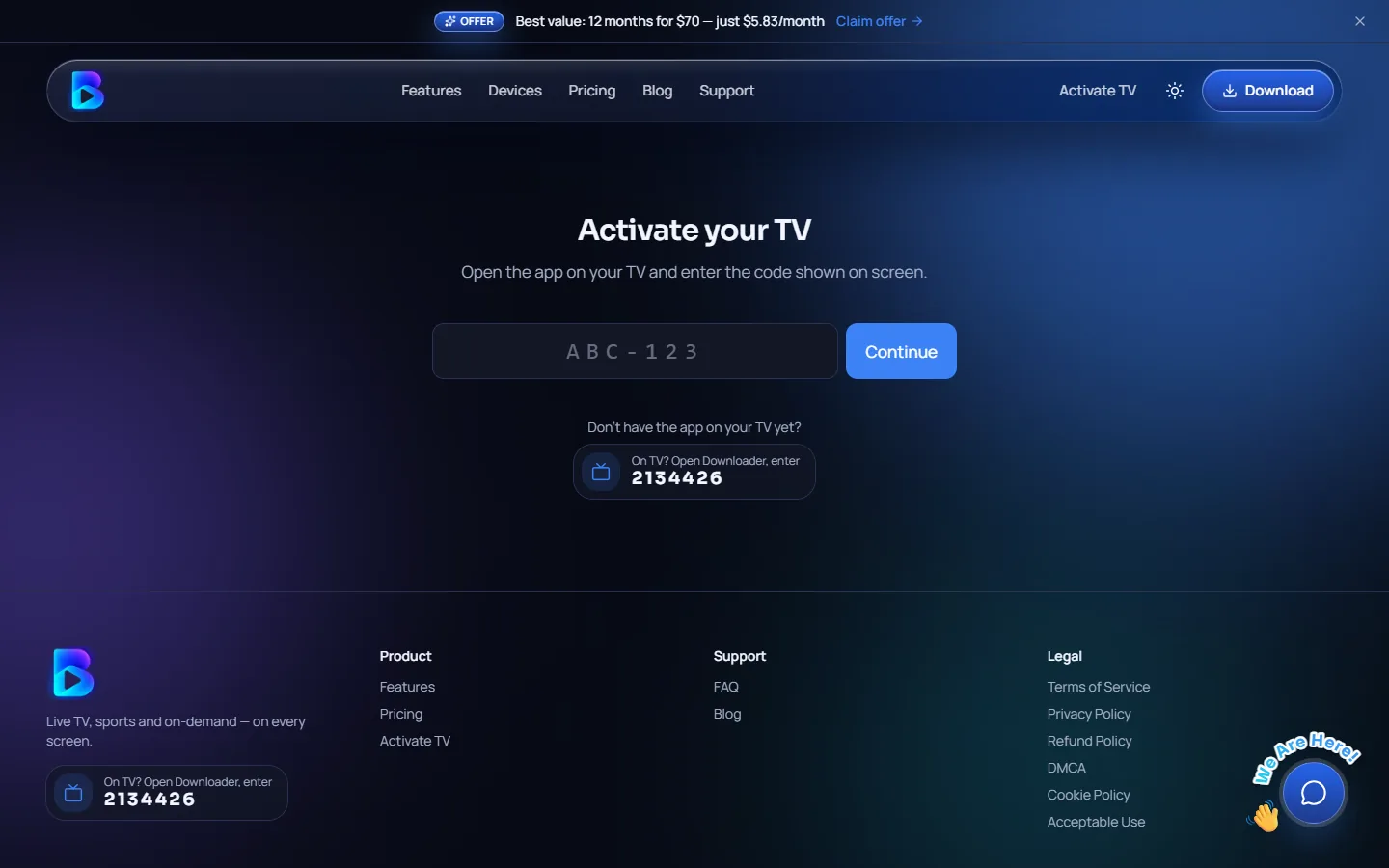 The B Player website activate page