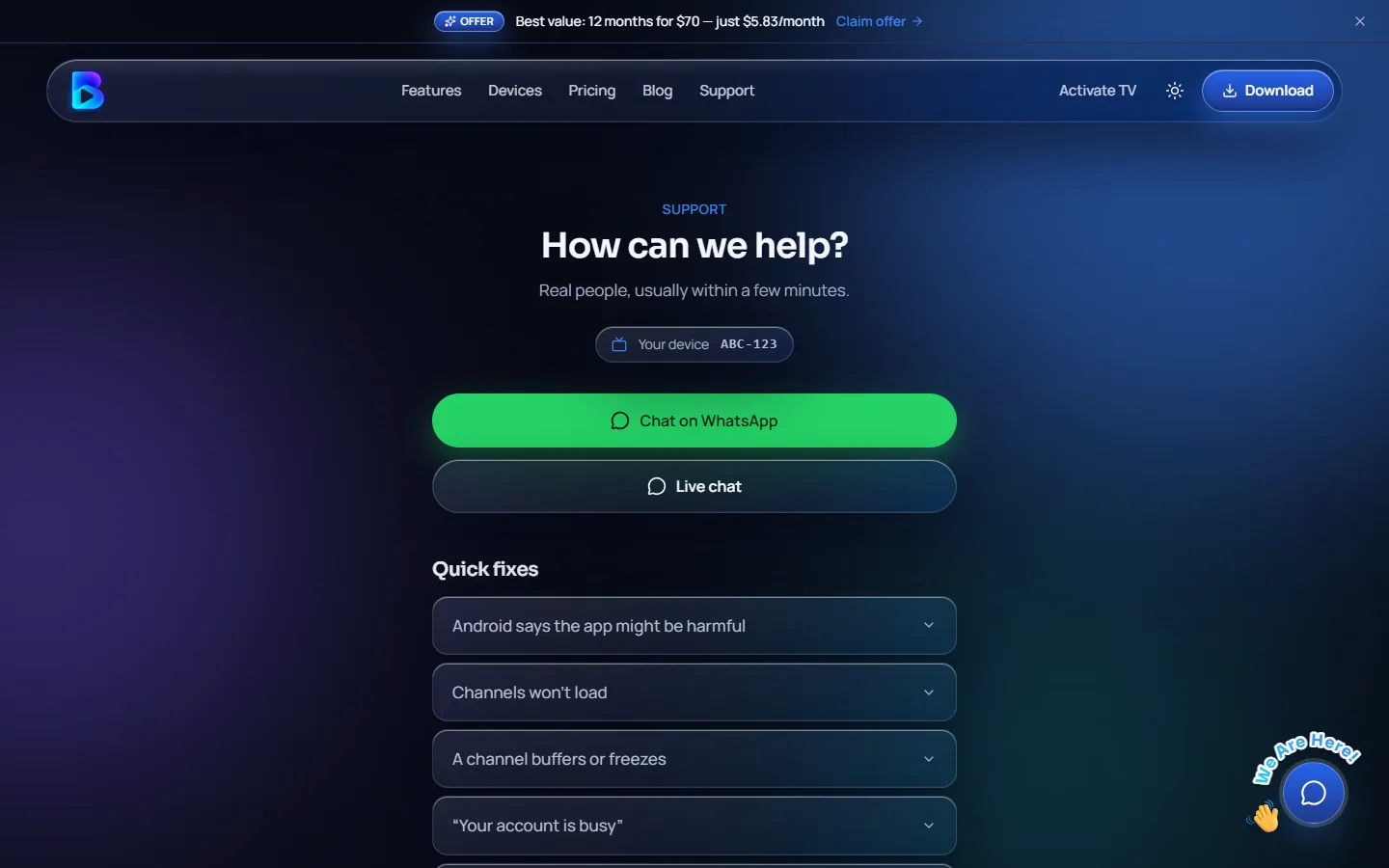 The B Player website help page with WhatsApp and live chat buttons and quick fixes
