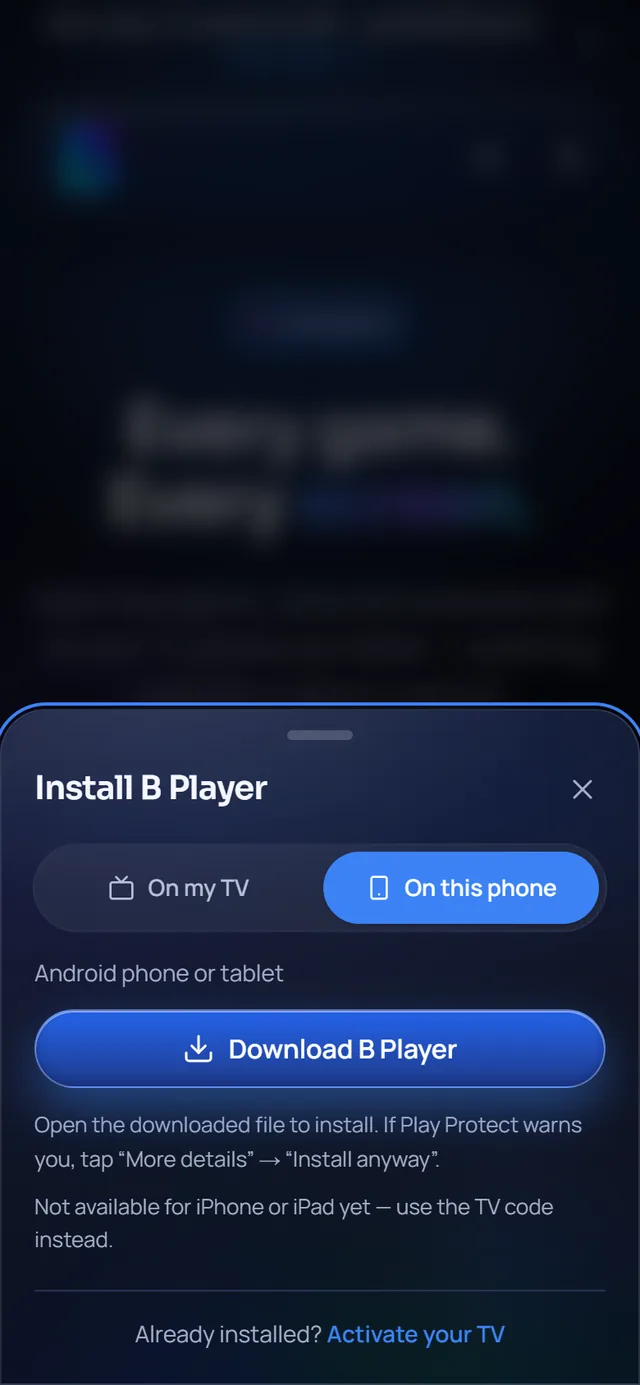 The B Player install popup on a phone with the On this phone tab