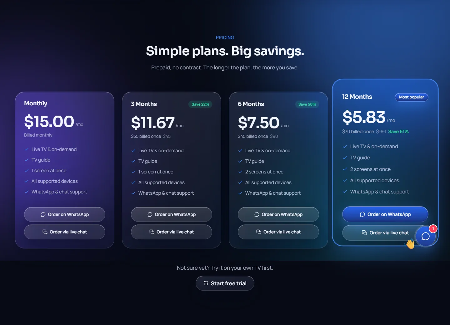 The plans section of the B Player website showing the four plans
