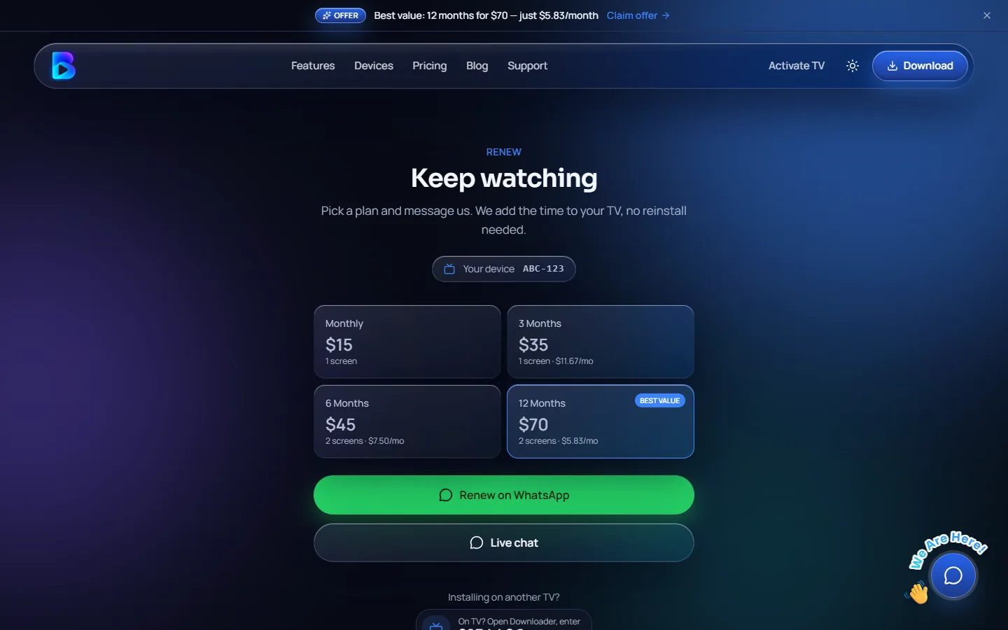 The B Player /renew page showing your code, expiry date and plans